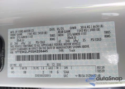 2025 Ford F-150 Stx z USA, uszkodzony, nr VIN 1FTEW2LP5SKE08445